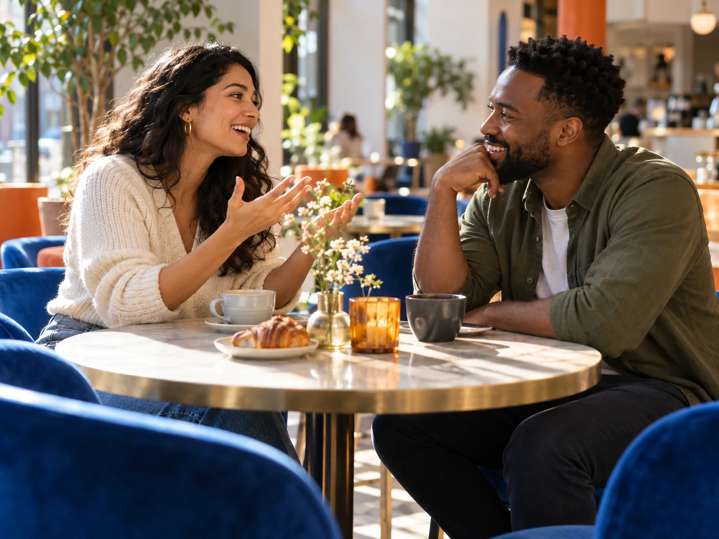 Duas pessoas adultas conversando em um café ensolarado