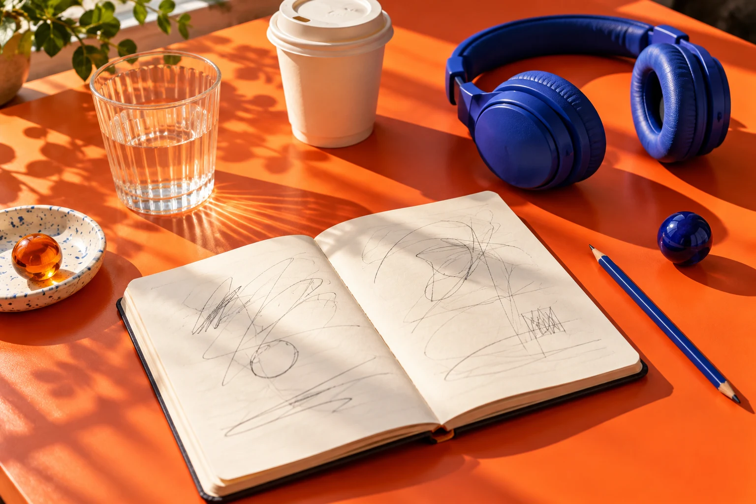 Caderno e fones de ouvido sobre uma mesa laranja